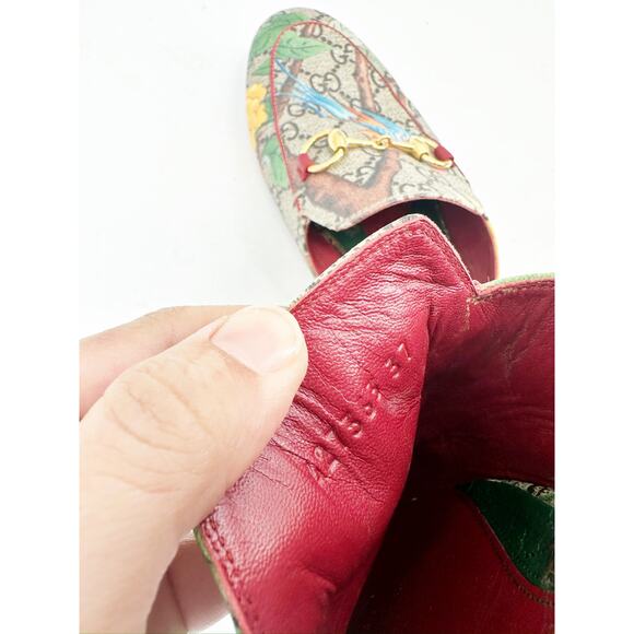 Gucci Princetown Gold Horsebit Tian GG Monogram Bird Print Canvas Mules Size 37 - Picture 6 of 9